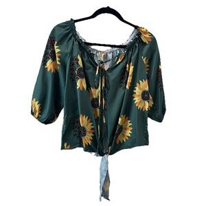 Womens Sunflower Green Yellow Floral Off the Shoulder Tie Knot Top Size L Boho